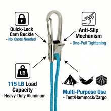 Rope Tightening Tool & Tensioner: Retractable Rope With Alloy Buckle For Outdoor Enthusiasts - Perfect For Camping Tent Building, Tarp Tie Downs, Hammock Installation & Outdoor Gear Securing (3) - 2 Ropes 2 Hooks - View 4