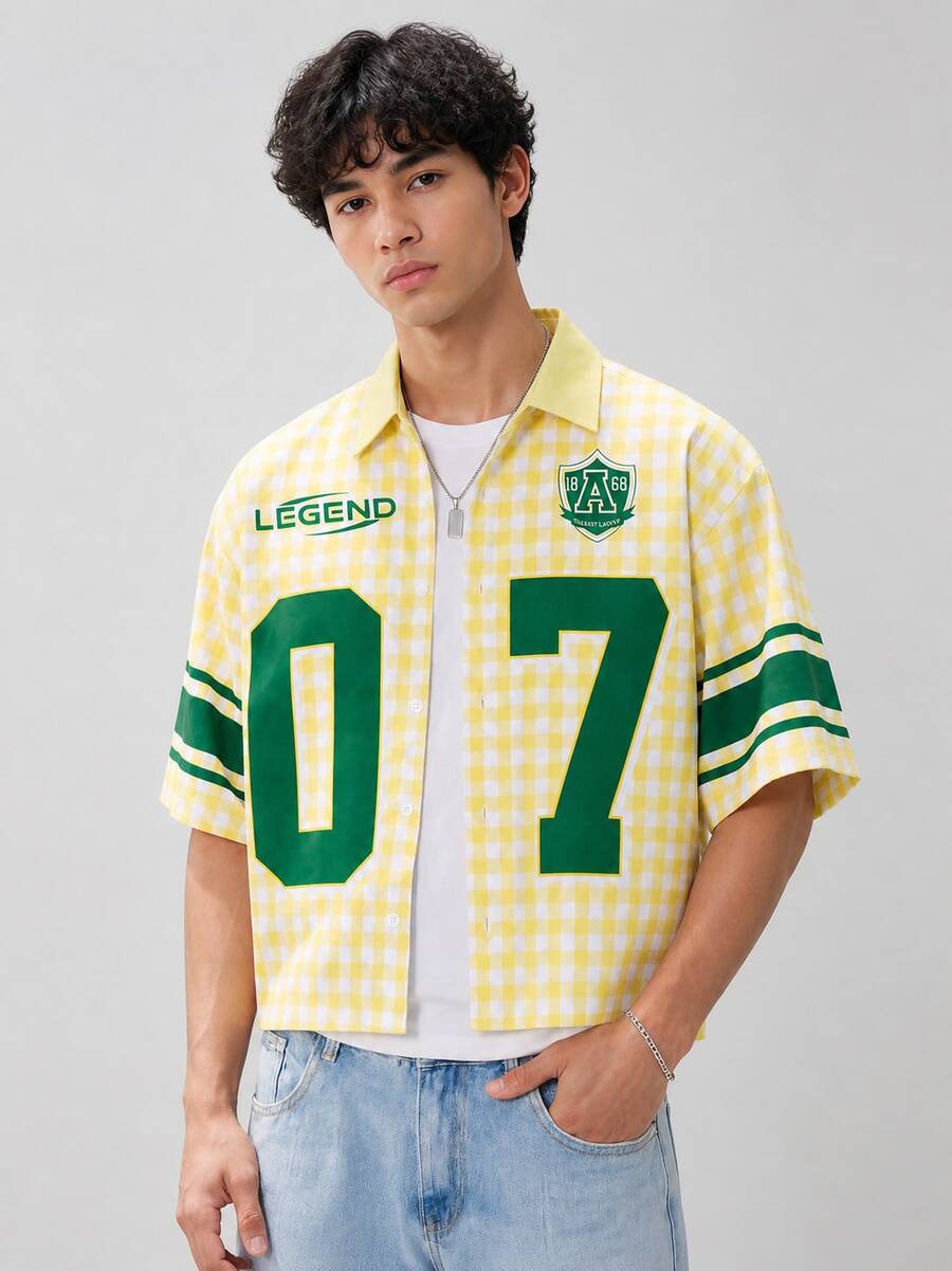 Men's Plaid "LEGEND 07" Numeric Badge Print Short Sleeve Shirt - Yellow - View 1