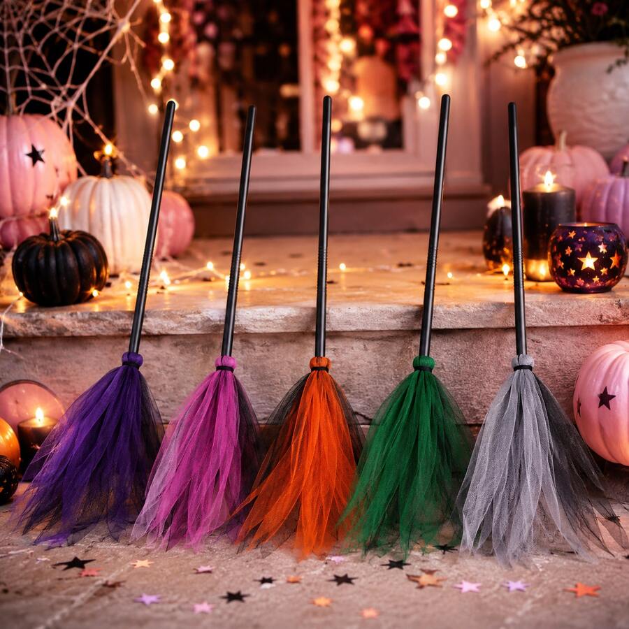 Halloween Witch Broom Costume Prop, Colorful Tulle Mini Broomstick With Black Handle, Witch Cosplay Accessory For Adults, Halloween Party Decorations And Photo Props - Witch's Broom - View 1