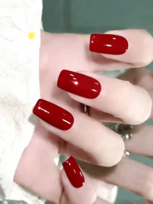 Coral Pink No-Bake Gel Nail Stickers, Waterproof Nail Film, Solid Color, Green Accent, Gradient Full Coverage - Red - View 5