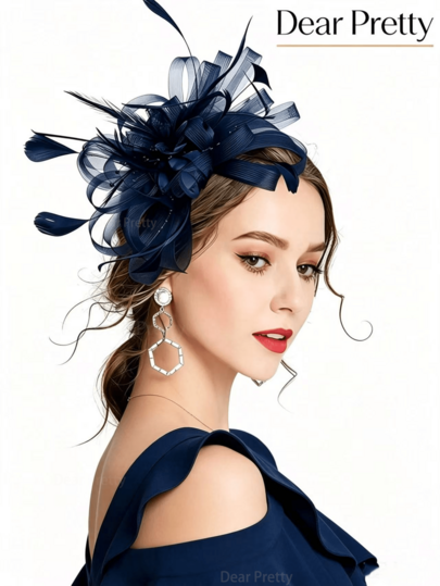 1 pièce Chapeau de thé bleu marine pour femmes, course de chevaux, église, mariage, cocktail, clip à cheveux en plumes, serre-tête fascinateur, élégant, occasion formelle, mariage, banquet, accessoire de cheveux pour thé, serre-tête fascinateur haut de gamme, port quotidien