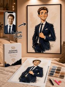 Customized Photo 5D Diamond Painting Kit, Personalized Sketch Cartoon Portrait DIY Wall Decor, Full Square/Round Rhinestone Embroidery, Handmade Birthday Christmas Gift - Multicolor - View 3