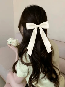1/2件象牙白柔軟緞面髮夾，雙層緞面蝴蝶結髮夾，適合女性與女孩，優雅甜美風格髮飾，適合節日、秋季、Y2K秋季穿搭 - 米色 - 查看 2