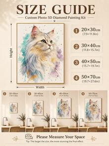 Customized Pet Photo 5D Diamond Painting Kit, Personalized Watercolor Cat Portrait Diamond Art, With Round/Square Rhinestones, DIY Acrylic Canvas Wall Decor, Pet Lover Birthday Christmas Home Decor Gift - Multicolor - View 6