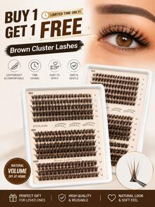 2 Boxes [BUY 1GET 1FREE]240pcs D-Curl Fluffy 60+80+100D Brown Colored Lightweight Cluster False Eyelashes, Thick & Voluminous Individual Lashes, Natural Brown Makeup, Soft & Comfortable, Suitable Eyelash Extension At Home, Eyelash Clusters, - 60+80+100D Brown 2Boxes - 查看 3
