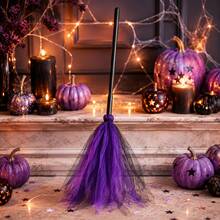 Halloween Witch Broom Costume Prop, Colorful Tulle Mini Broomstick With Black Handle, Witch Cosplay Accessory For Adults, Halloween Party Decorations And Photo Props - Witch's Broom - View 6