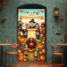 2D Flag - Thanksgiving Theme Banner Background, Featuring Elements Such As Turkeys, Pumpkins, Sunflowers, Harvest Fruits And Puritan Figures, No Power Supply Required - 1 - View 4