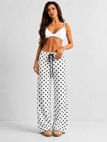 Women Polka Dot Drawstring Waist Crinkle Wide Leg Pants - 黑與白 - 查看 1