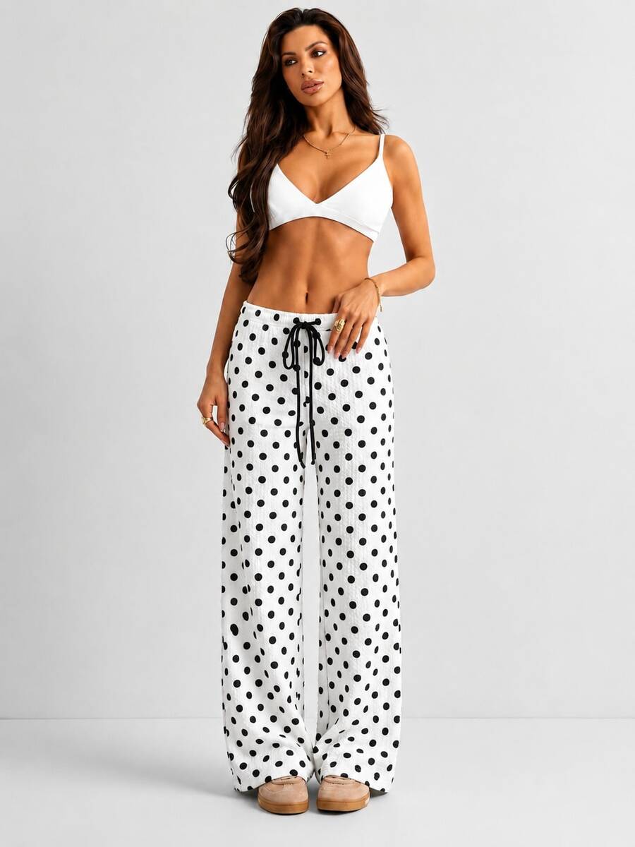 Women Polka Dot Drawstring Waist Crinkle Wide Leg Pants - 黑與白 - 查看 1