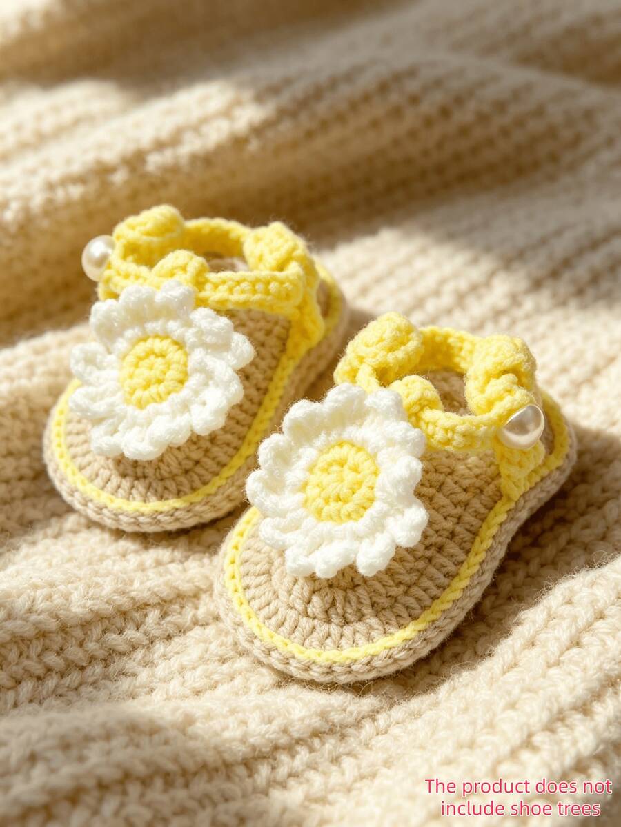 1 Pair Handmade Infant Sandals, Crochet Daisy Flower Design, Yellow & White, Pearl Button Detail - Gold - View 1