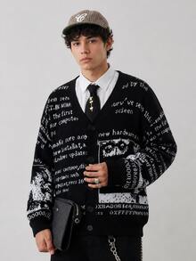 Áo Cardigan nam phong cách thường ngày, họa tiết chữ in vui nhộn, size lớn, mở phía trước, thời trang đường phố, cổ chữ V, tay dài, dáng rộng, màu đen - màu đen - Xem 2