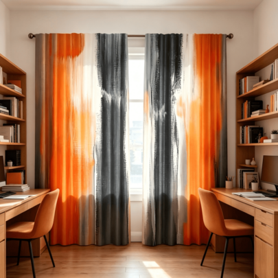2 pièces Rideaux minimalistes orange noir gris à rayures verticales abstraites, impression plate 2D, design artistique à dégradé vertical, filtrant la lumière, en polyester, rideaux à poche de tringle de style moderne, convient pour la décoration de fenêtre de chambre, bureau, salon