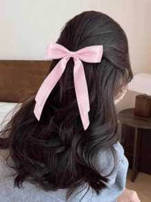 1/2件組女款女孩粉色緞面蝴蝶結髮夾，絲滑緞面長尾蝴蝶結髮夾，法式復古髮飾，適合假期、秋季、Y2K秋季穿搭 - 粉色 - 查看 2