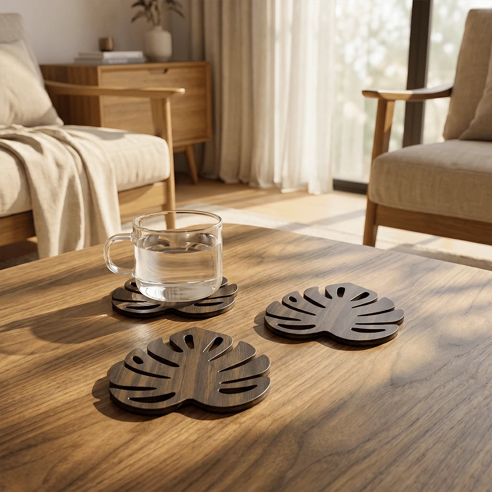 4pcs/Set Monstera Leaf Wood Coasters, Heat-Insulating And Non-Slip To Protect Tabletops, Home, Kitchen, And Dining Table Decorations, Bohemian Style Drink Mats. - Multicolor - View 1