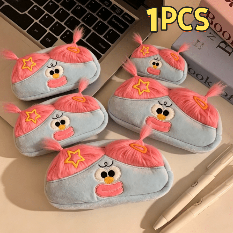 1pc Funny Ugly Cute Blue & Pink Fluffy Girl Plush Large Capacity Japanese INS Pencil Case, Creative Highly Attractive Storage Pen Bag For Students, Office And Study Supplies/Desk Accessories/Desk Decor, Birthday/Easter/Presidents Day/Christmas/Family/Friends/Boys/Girls Gift, School Gift For Classmates