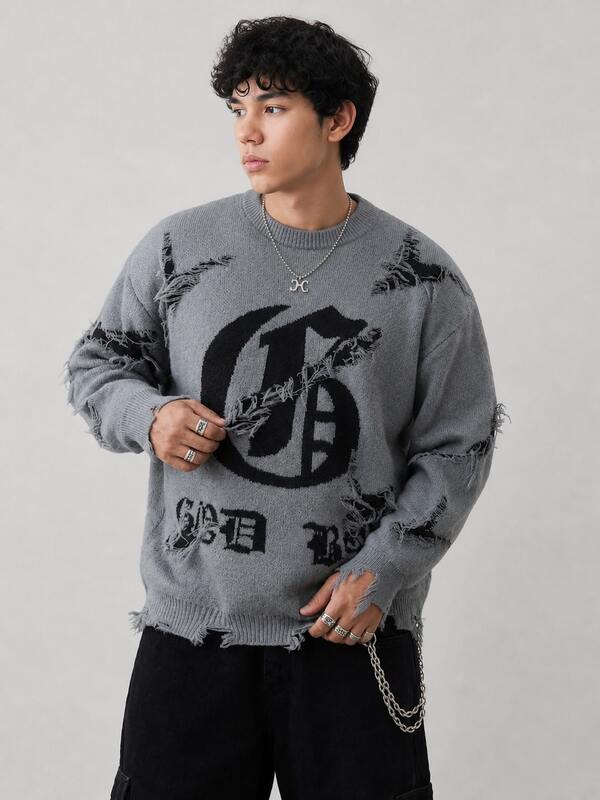 ANDREILEE Grey Autumn/Winter Plus Size Distressed Knit Sweater For Men, Vintage Letter Jacquard Loose Casual Pullover
