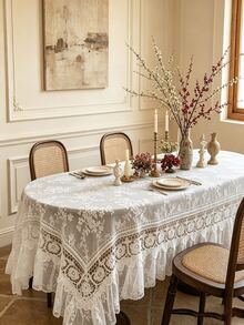1pc Lace Embroidered Tablecloth, Scalloped Edge Decor, Polyester Fabric, Embroidered Floral Pattern Tablecloth, Rectangular Square Tablecloth, Suitable For Dining Room Living Room Tabletop Decoration - White - View 7