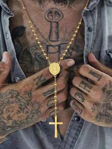 1pc Stainless Steel 3mm Bead Cross Pendant Necklace, Suitable For Men And Women Daily Wear Summer Jewelry - Gold - View 2