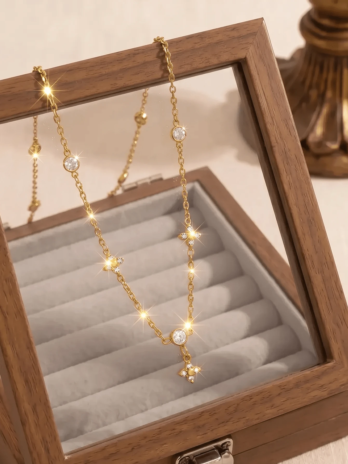 1pc 304 Stainless Steel 18K Gold Plated Four-Pointed Star Rhinestone Y-Shaped Necklace For Women, Luxury Sparkling Dangle Collarbone Chain, Versatile Exquisite Necklace For Daily Wear, Dating And Gift Giving - Yellow Gold - View 1