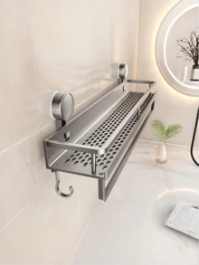 1pc Suction Cup Storage Rack, No Drilling Bathroom Storage Shelf, Aluminum Shower Basket - Wall Mounted Space-Saving Organizer, Can Hold Shampoo, Conditioner And Bath Products - A - View 3