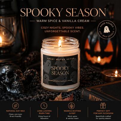 Nến thơm đổ tay họa tiết ma Halloween, sáp đậu nành tự nhiên, hương kem vani cay ấm, hũ trong suốt trang trí nhà tạo không khí ấm cúng ma mị cho đêm Halloween