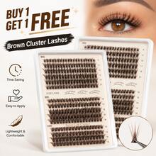 2 Boxes [BUY 1GET 1FREE]240pcs D-Curl Fluffy 60+80+100D Brown Colored Lightweight Cluster False Eyelashes, Thick & Voluminous Individual Lashes, Natural Brown Makeup, Soft & Comfortable, Suitable Eyelash Extension At Home, Eyelash Clusters, - 60+80+100D Brown 2Boxes - 查看 2
