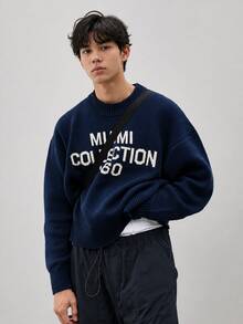 ANDREILEE Sweater Pullover Kasual Longgar Pria, Sweatshirt Rajut Ringan dengan Leher Bulat dan Cetakan Grafis, Cocok untuk Musim Semi, Musim Gugur, dan Musim Dingin - Navy Blue - View 2
