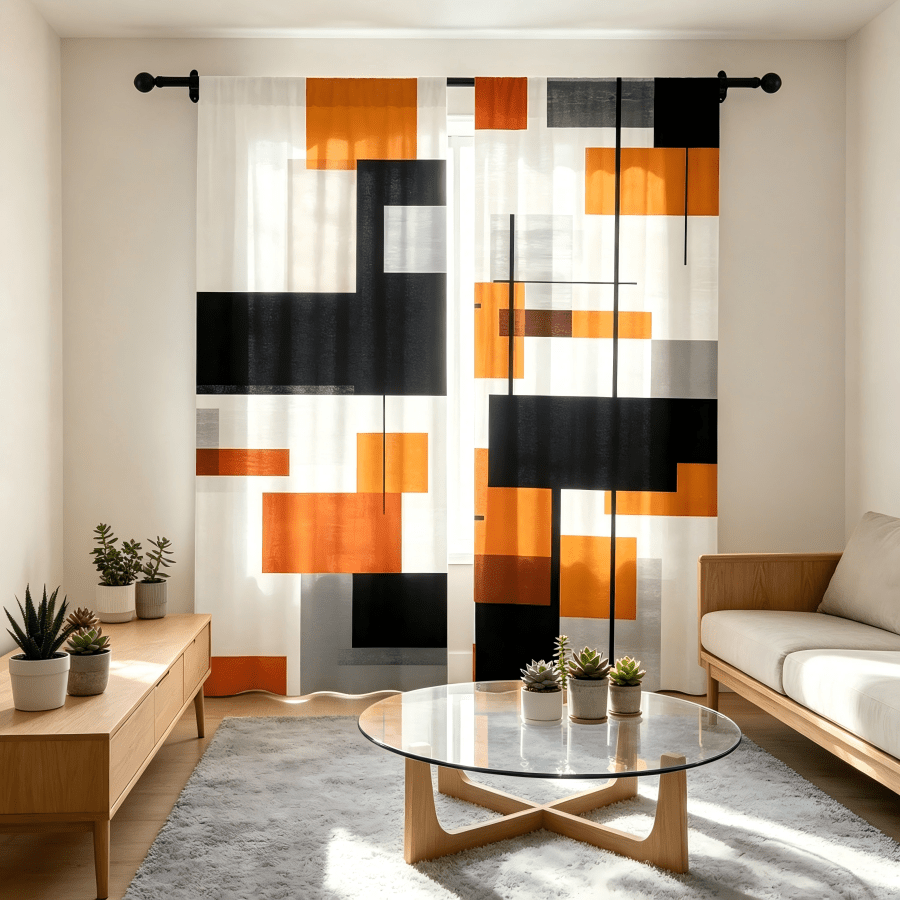 2 piezas Cortinas de bloques geométricos naranja, negro, gris y blanco, diseño de bloques de color estilo Mondrian, estampado plano 2D, ligeras y translúcidas, cortinas de bolsillo para barra estilo arte moderno de moda, adecuadas para sala de estar, dormitorio, galería de arte, decoración de ventanas del hogar