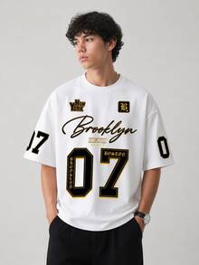 Men's Graphic Print T-Shirt, Casual Loose Fit Short Sleeve Crew Neck Top, Bold Letter & Number Design, Machine Washable - White - View 2
