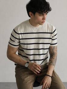 Men's Striped Short Sleeve Knit Sweater Top T-Shirt - White - View 1