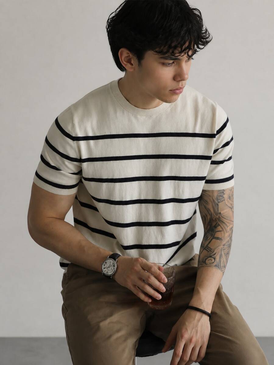 Men's Striped Short Sleeve Knit Sweater Top T-Shirt - White - View 1