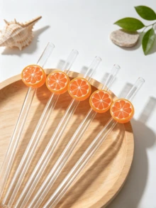 1pc/2pcs/5pcs Reusable Glass Straws With Cute Orange Slice Decor, Fresh Aesthetic Transparent Drinking Straws, Suitable For Cold Drinks, Milkshakes, Sparkling Water, Milk Tea And Juices, Perfect For Summer Parties, Picnics And Camping, Great Gift For Girls - Style G - View 2