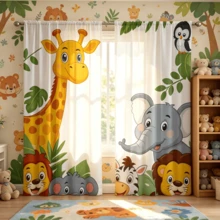 2 Stück Cartoon Dschungel Tier Grünpflanzen transparente Vorhänge, Muster mit Cartoon tropischen Blättern, Löwe, Elefant und Giraffen Mustern, 2D flacher Muster, lichtdurchlässig, Stangendurchzug Stil, ohne Futter, Sommer Fensterdekoration, Wohnzimmer Schlafzimmer Fensterdekoration, nur transparente Vorhänge, Zubehör nicht enthalten - Verschiedenfarbig - Übersicht 6