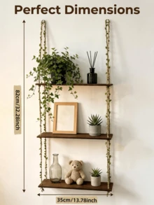 Bohemian Style Hanging Wall Shelf – Wooden Floating Shelf With Leaf & Vine Rope, No-Drill Hook Design Suitable For Renters, For Bedroom And Living Room Decor - View 5
