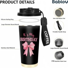 1/5 Stück 18oz Edelstahl Kaffee Becher, Es ist mein Geburtstag Rosa Schleife Muster Reisebecher, Multifunktions Klappstroh Deckel, Schwarzer Kaffee Schlüsselband, Ideales Geburtstagsgeschenk für Mädchen und Frauen, Geeignet für Party, Reise, Zuhause und Alltag - Bogen - Übersicht 7