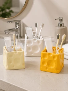 1pc Glossy Cheese Style Toothbrush Holder, Bathroom Vanity Storage Organizer For Toothbrushes, Toothpaste, Cleaning Swabs, Floss Picks, Countertop Caddy, Decorative Bathroom Accessories, Home Organization Container - Multicolor - View 2