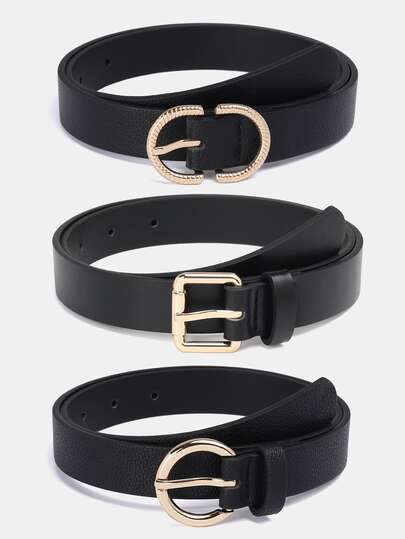 3pcs Solid Color Casual PU(Polyurethane) Women's Belts Suitable For Daily Use Square Buckle Round Buckle