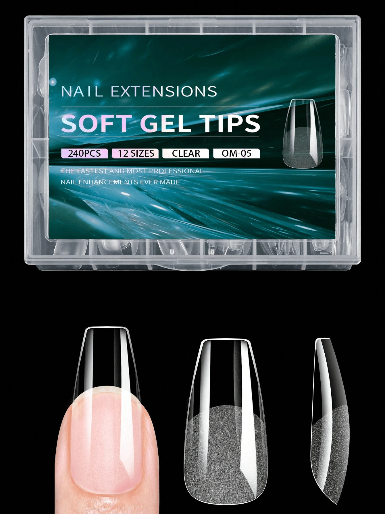 240 piezas de uñas postizas de cobertura completa semimate, forma de ataúd M, estilo francés, uñas falsas, delgadas por delante y gruesas por detrás, talla grande ajustadas y seguras, uñas artificiales, suministros de arte de uñas, adecuadas para niñas y mujeres para DIY de uñas - transparente - Ver 1