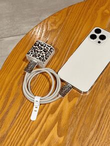 Sexy Leopard Print, Fine Glitter Color Block Pattern, Minimalist Apple Charger Protective Case + 1.4M Data Cable Winder, Compatible With 20W Phone 15 Charger, 16 ProMax Phone Cable Protector Cover, Anti-Bend, Anti-Cat Bite, Suitable For 13/14 Plus Data Cable Protector, Charger Protector. Christmas Gift - Multicolor - View 3