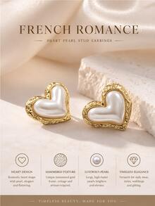 1 Pair Bohemian Style Gentle Romantic French Luxury Pearl Heart Stud Earrings, 316 Stainless Steel Gold Plated Hypoallergenic Earrings For Women, Back To School, Daily Commute, Office, Campus, Date, Party, Best Friend Gathering, Spring Outing, Vacation, Music Festival, Wedding, Holiday, Versatile - Multicolor - View 4