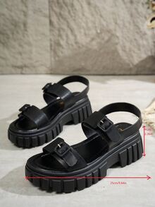 青少年厚底休閒舒適沙灘涼鞋，百搭通勤軟底單條帶休閒舒適涼鞋，度假沙灘行走學院風，適合春夏秋季 - 黑色 - 查看 3