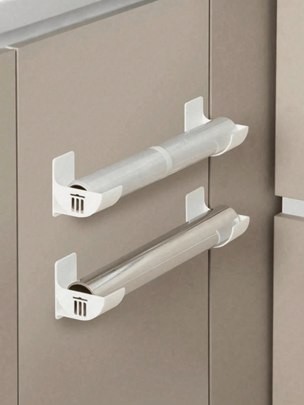 4 piezas Estante de almacenamiento de plástico sin taladro, estante de almacenamiento lateral de refrigerador, puede sostener película plástica y bolsas de basura, estante de almacenamiento de gabinete