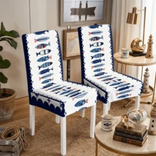 1/4/5/6/7pcs Blue And White Cartoon Fish Ocean Pattern Printed Chair Covers/Chair Slipcovers Set, Suitable For Indoor Home, Restaurant, Hotel, Ideal Choice For Modern Daily Decor. Tablecloth Fits Square Dining Table, Elastic Chair Covers Are Washable. - Multicolor - View 5