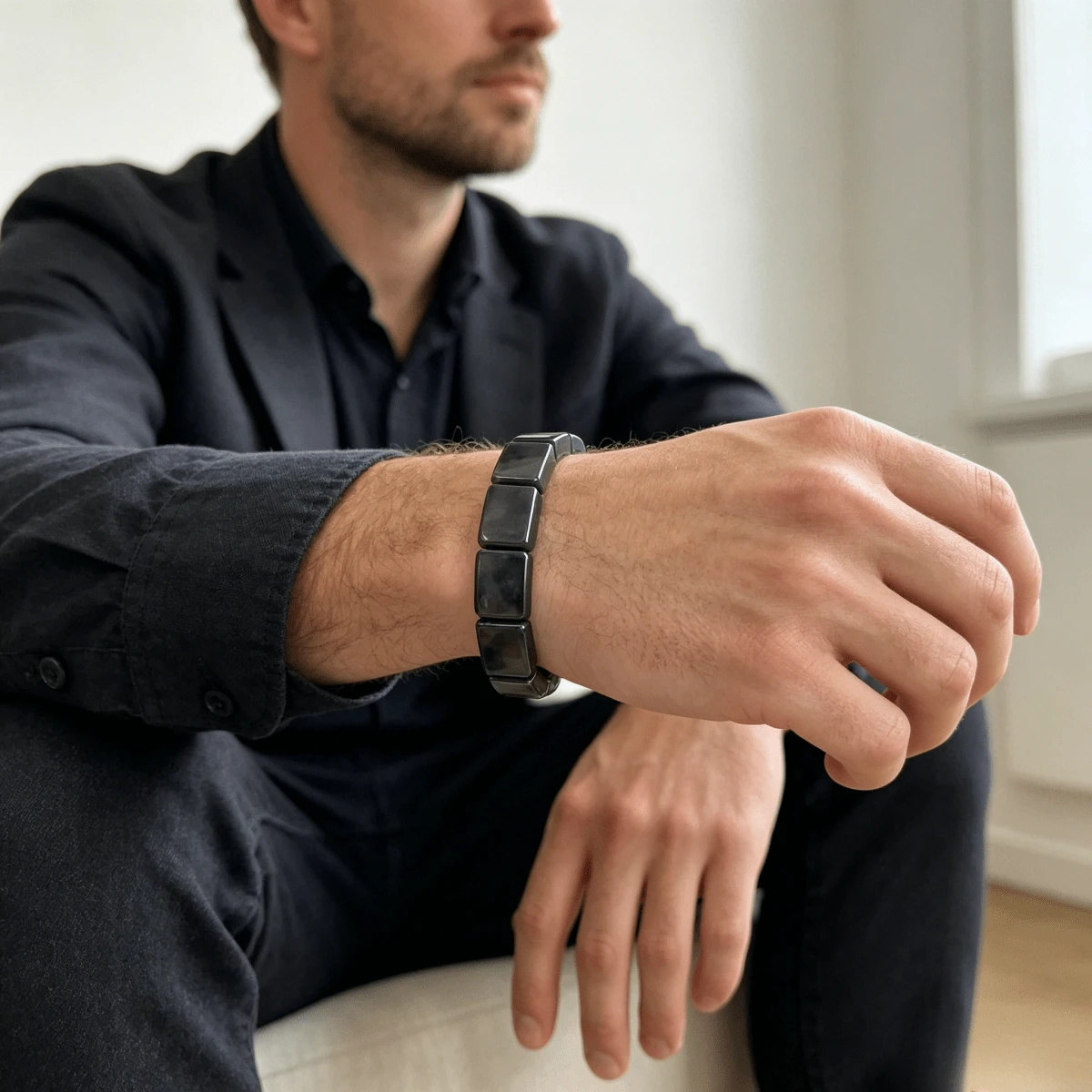 Natural Black Tourmaline Square Bead Elastic Bracelet, Energy Stone Bracelet For Commute And Versatile Wear, Calm And Elegant, Men's Exclusive Guardian Stone, Perfect Holiday Gift - Black - View 1