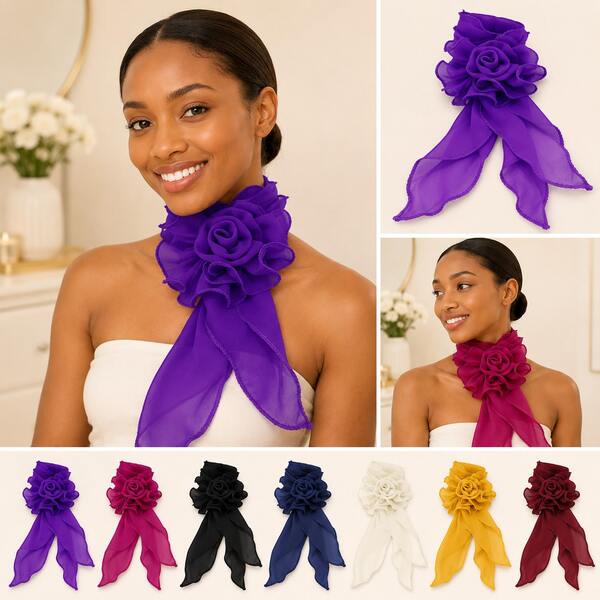 YPGVUO Pañuelo de cuello de gasa con flores para mujer, elegante pañuelo tipo gargantilla con rosas, accesorio de moda de envoltura de cuello floral transparente para atuendo de fiesta