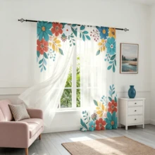 2pcs Colorful Floral & Green Leaf Sheer Curtains, Bohemian Pastoral Style Window Decor, 2D Flat Print, Rod Pocket Style, Lightweight & Translucent, No Lining, Floral Sheer Curtains, Window Sheer Curtains, Bedroom & Living Room Window Sheers, Only Includes Sheer Curtains, No Accessories - Multicolor - View 7