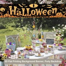 2D 平面萬聖節布製背景布,黑色底色配橘色「HALLOWEEN」字樣,含蜘蛛網、蝙蝠、南瓜燈、墓碑等元素,無需電源 - A - 查看 6