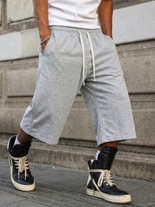 Men's 3/4 Length Sweatpants Shirt, 1pc American Loose Silhouette 3/4 Sweatpants, Wide Leg 3/4 Design Flattering Leg Shape Summer - Light Grey - View 4
