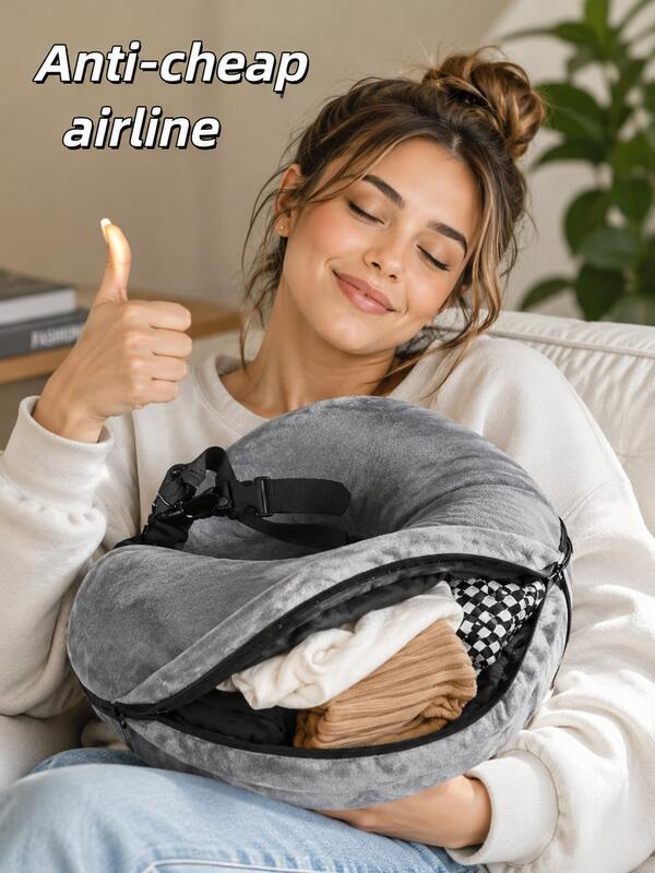 1pc Adjustable U-Shaped Travel Neck Pillow, Clothing Storage, Wide Comfortable Support Design With Zipper, Soft Portable Neck Pillow, Suitable For Airplane, Car, Train, Office, Supports Long-Distance Flight, Travel Essential, Back To School, New Year, Graduation Gift