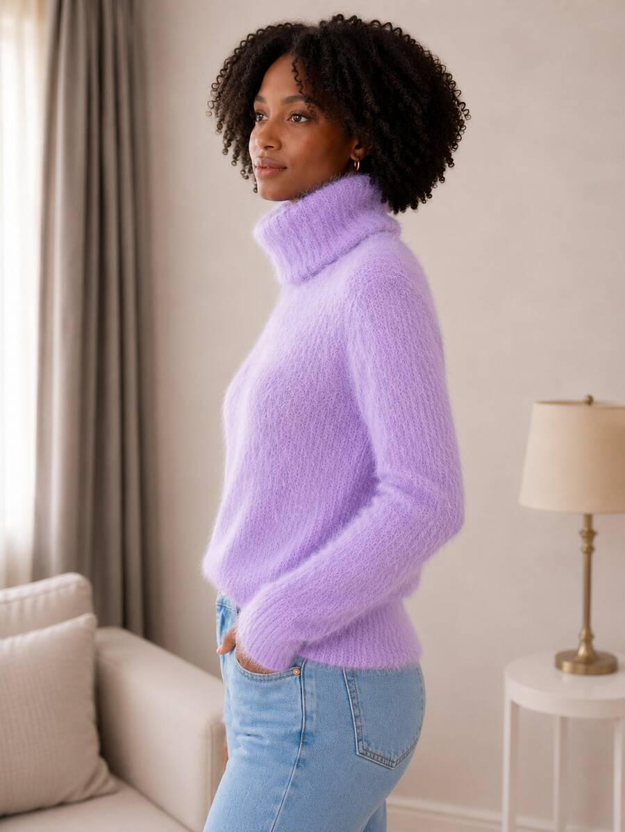 Furry Spotted Turtleneck Rabbit Wool Blouse – Soft, Elegant And Comfortable Rabbit Wool Turtleneck Blouse | Sophistication And Comfort - 紫丁香 - 查看 1